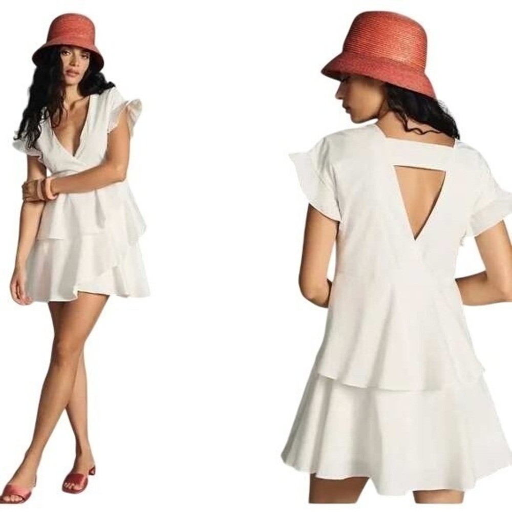 ANTHROPOLOGIE White Tiered Ruffle V-Neck Flutter Sleeve Cotton Mini Dress Size S